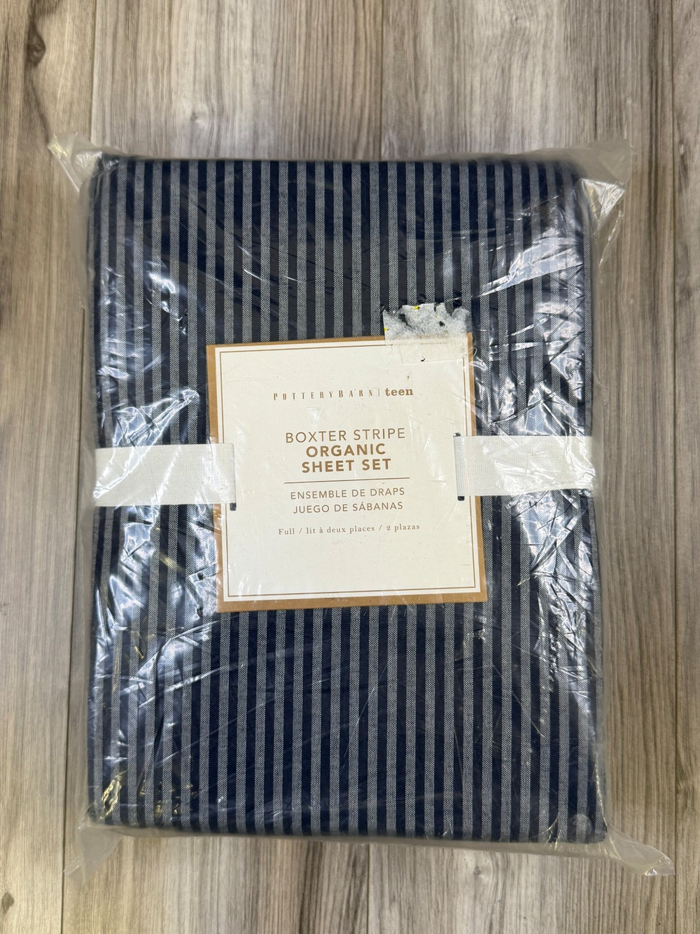 Pottery Barn Teen Boxter Stripe Organic Cotton Full Sheet Set Navy White NEW